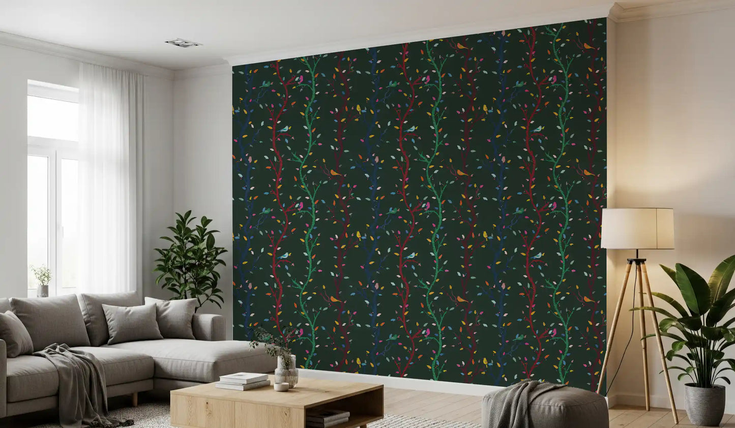 Forest night wallpaper showing uneven branches, birds, and vivid leaf marks