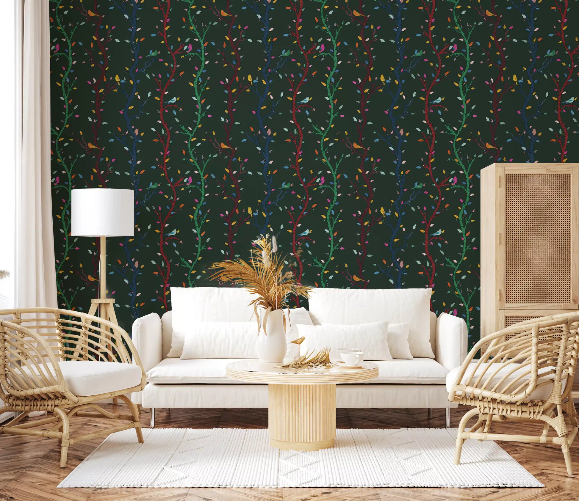 Living room styled in branch bird wallpaper with tree-like woodland lines