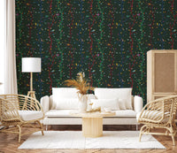 Living room styled in branch bird wallpaper with tree-like woodland lines