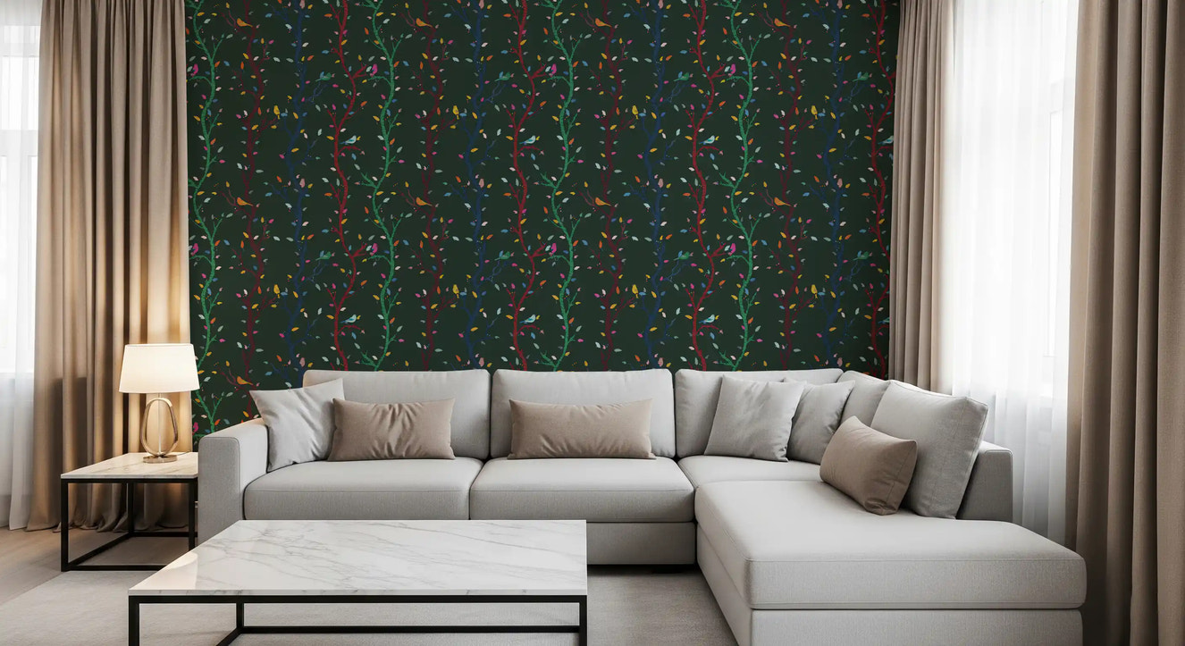 Forest Night Woodland Branches with Birds Wallpaper⁠