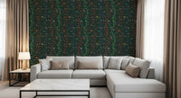 Hallway using woodland bird wallpaper with colorful branches on dark green
