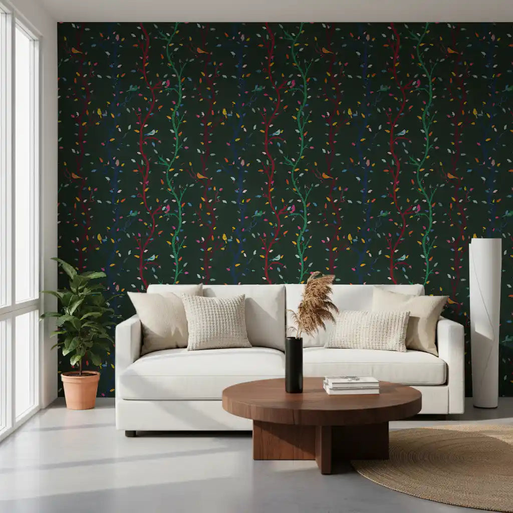 Hallway featuring Forest Night Wallpaper with birds and scattered leaves