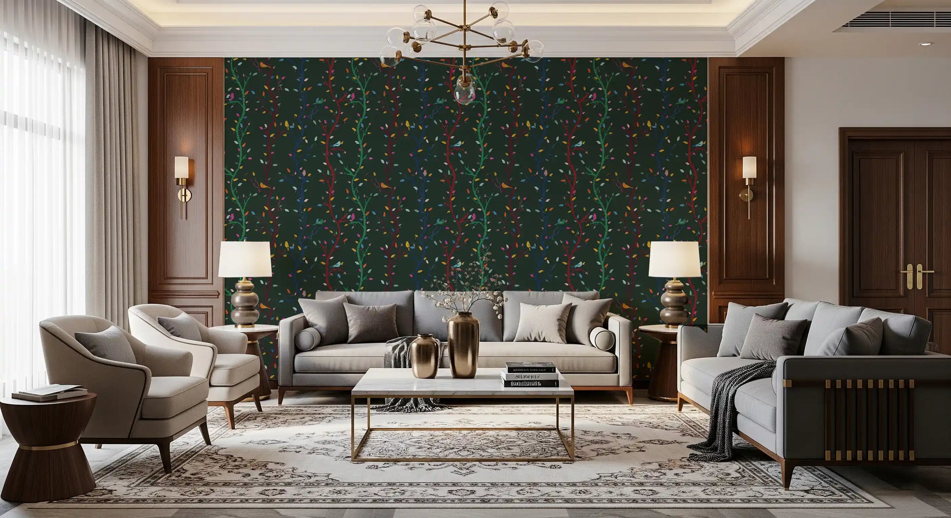 Living room finished with Forest Woodland Wallpaper and playful bird detail