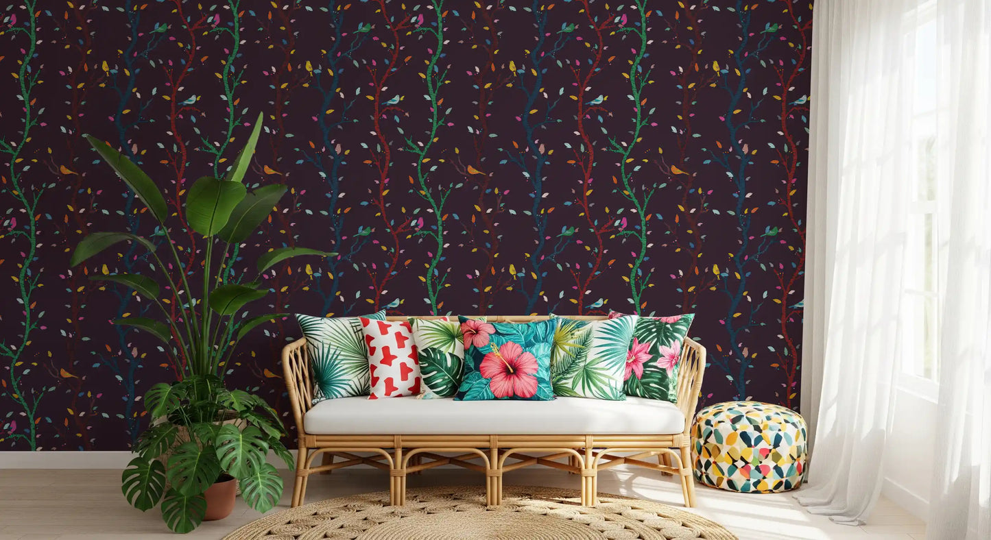 Home office wall with Fuchsia Birds Wallpaper and playful woodland branch pattern