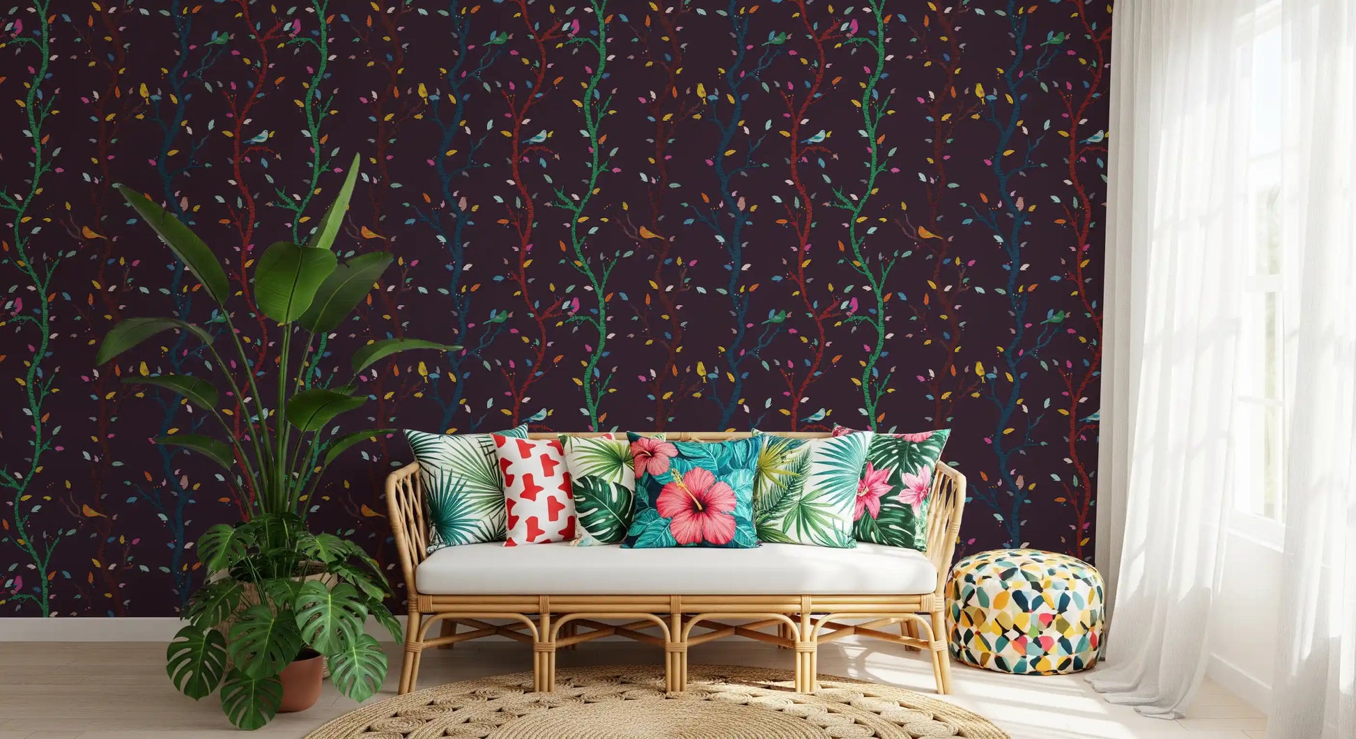 Home office wall with Fuchsia Birds Wallpaper and playful woodland branch pattern
