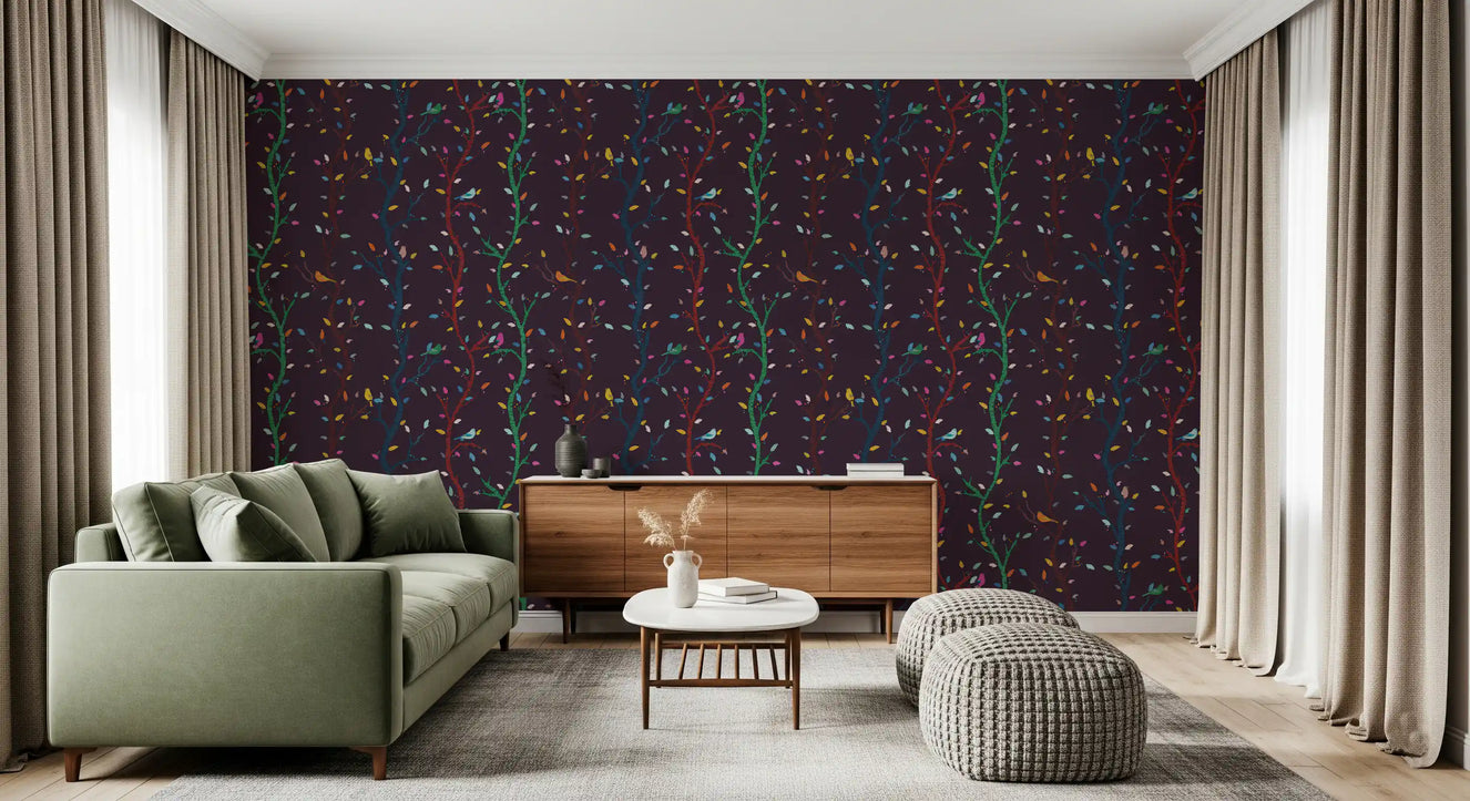 Hallway styled in Woodland Birds Wallpaper with fuchsia night branch detail
