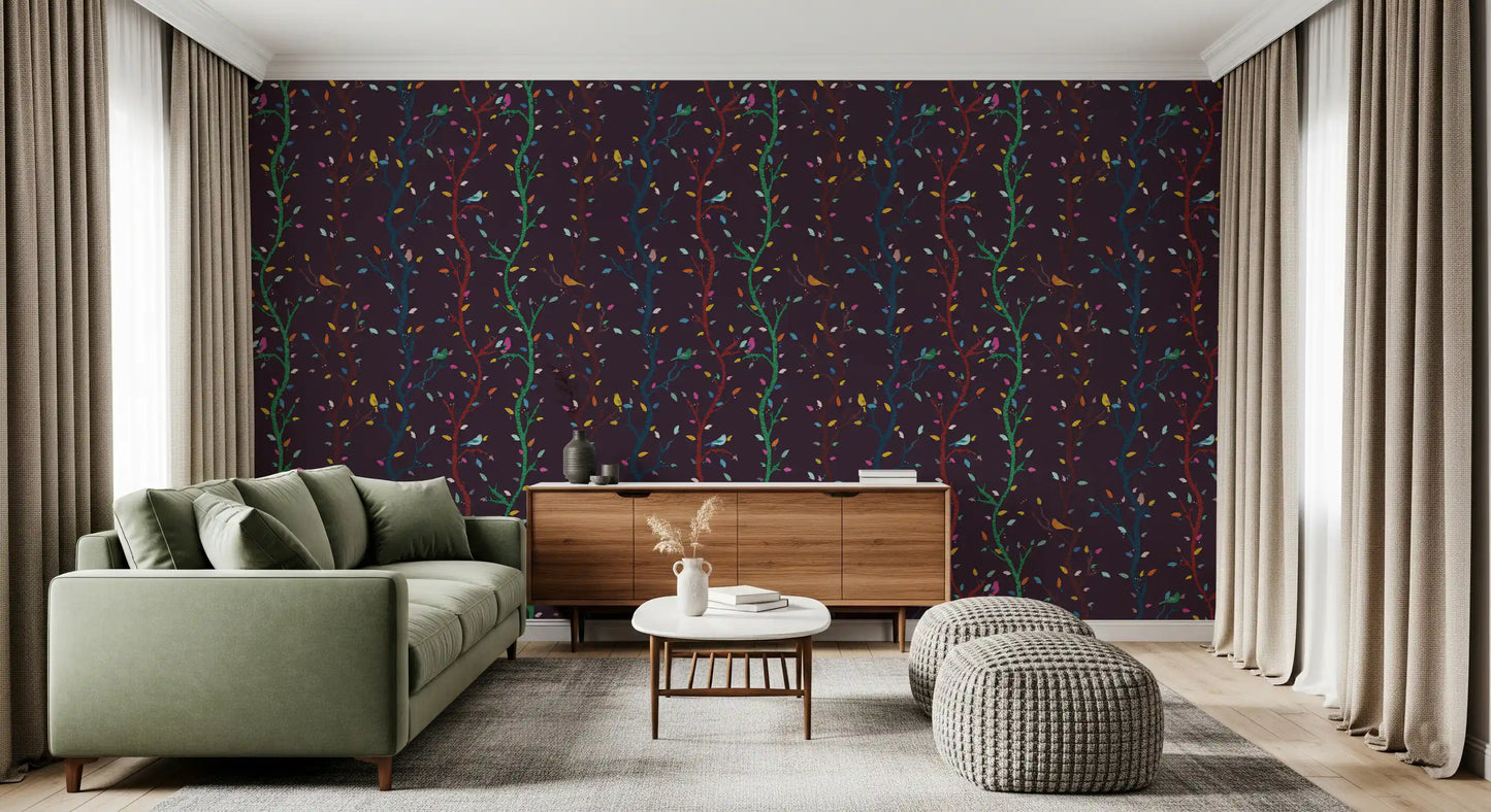 Hallway styled in Woodland Birds Wallpaper with fuchsia night branch detail
