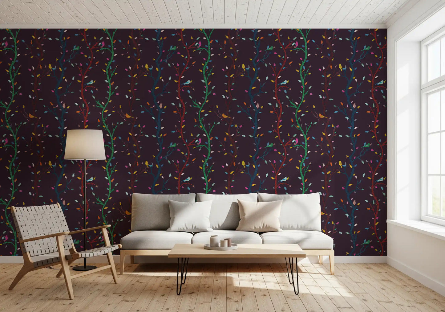 Bright birds perch through this Fuchsia Night Wallpaper with leafy branchwork
