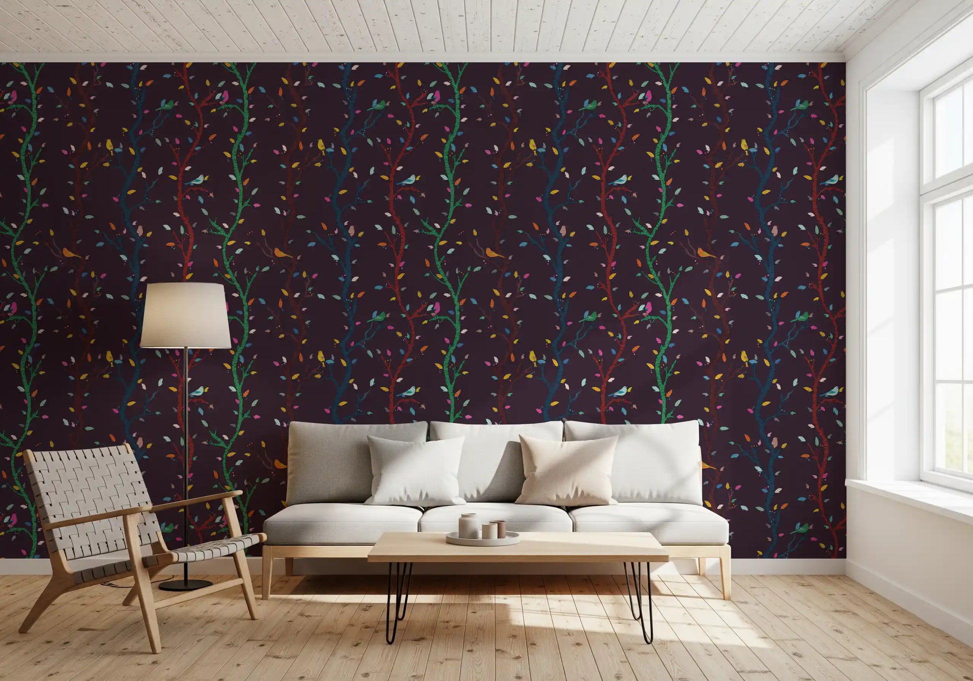 Bright birds perch through this Fuchsia Night Wallpaper with leafy branchwork