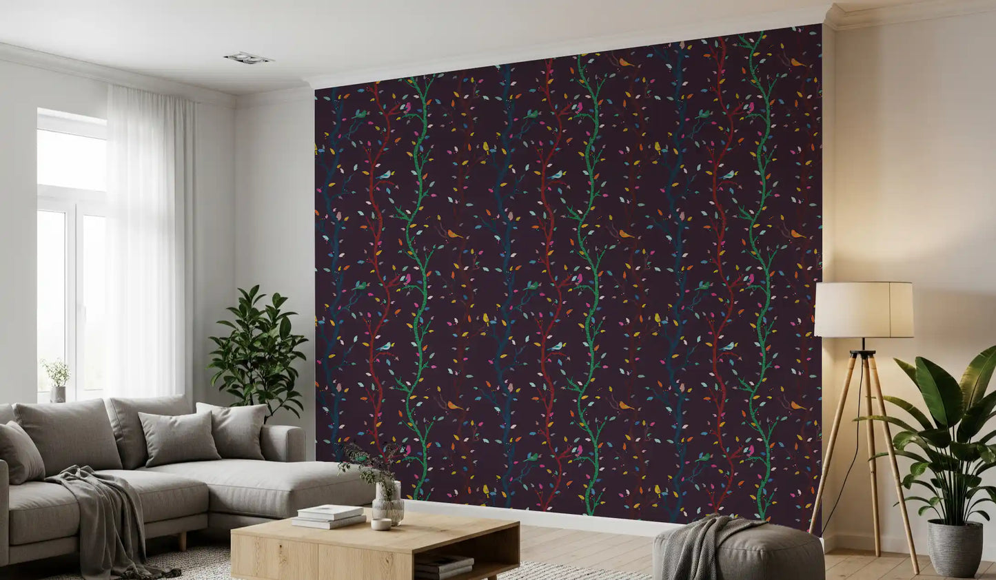 Dark plum tones shape this Woodland Birds Wallpaper with vivid bird motifs