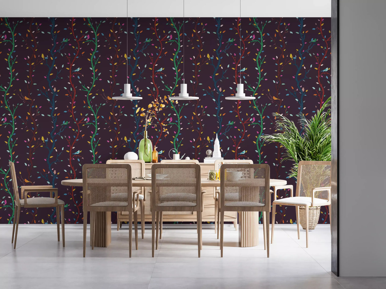 Fuchsia Night Woodland Branches with Birds Wallpaper⁠