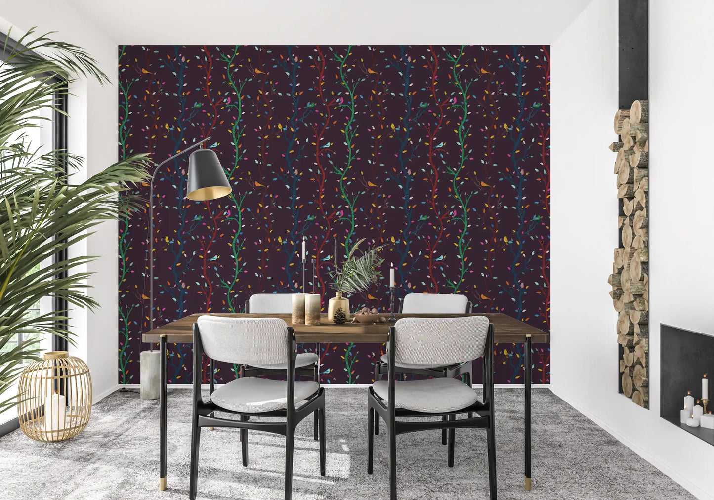 Bird Branch Wallpaper showing multicolor leaves on a rich woodland surface