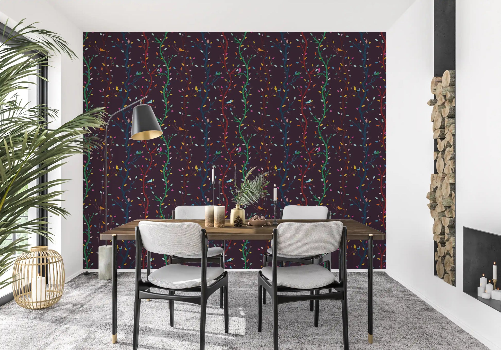 Bird Branch Wallpaper showing multicolor leaves on a rich woodland surface