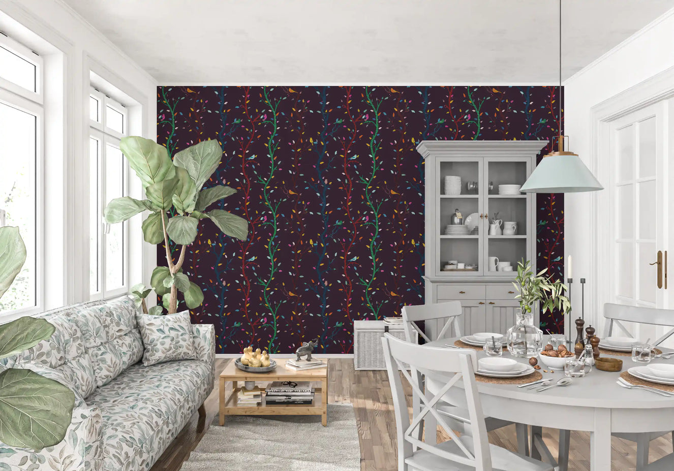 Fuchsia Night Woodland Branches with Birds Wallpaper⁠