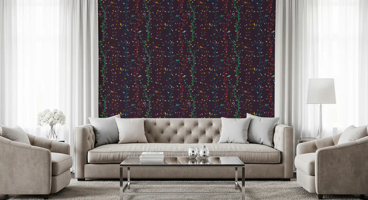 Woodland Branches Wallpaper with colorful birds scattered across a dark base