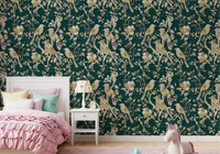 Bedroom using botanical bird wallpaper with pale leaves and blossoms