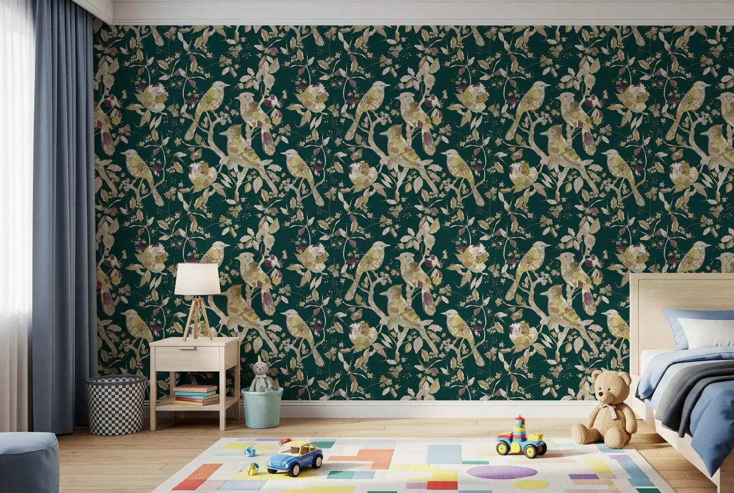 Kids room finished with Emerald Garden Wallpaper and bird motifs