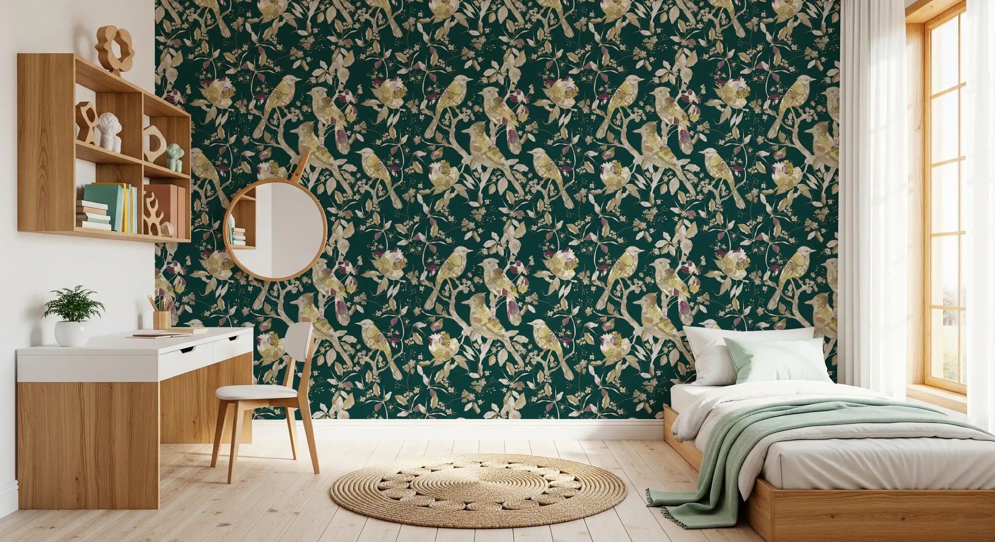 Bedroom with Emerald Garden Birds Wallpaper and delicate branch artwork