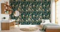 Bedroom with Emerald Garden Birds Wallpaper and delicate branch artwork
