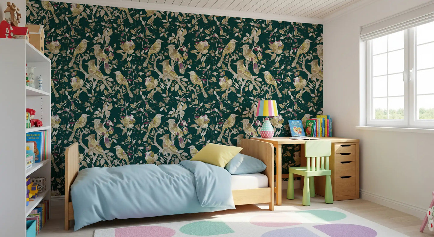 Graceful birds define this Garden Birds Wallpaper with floral sprigs