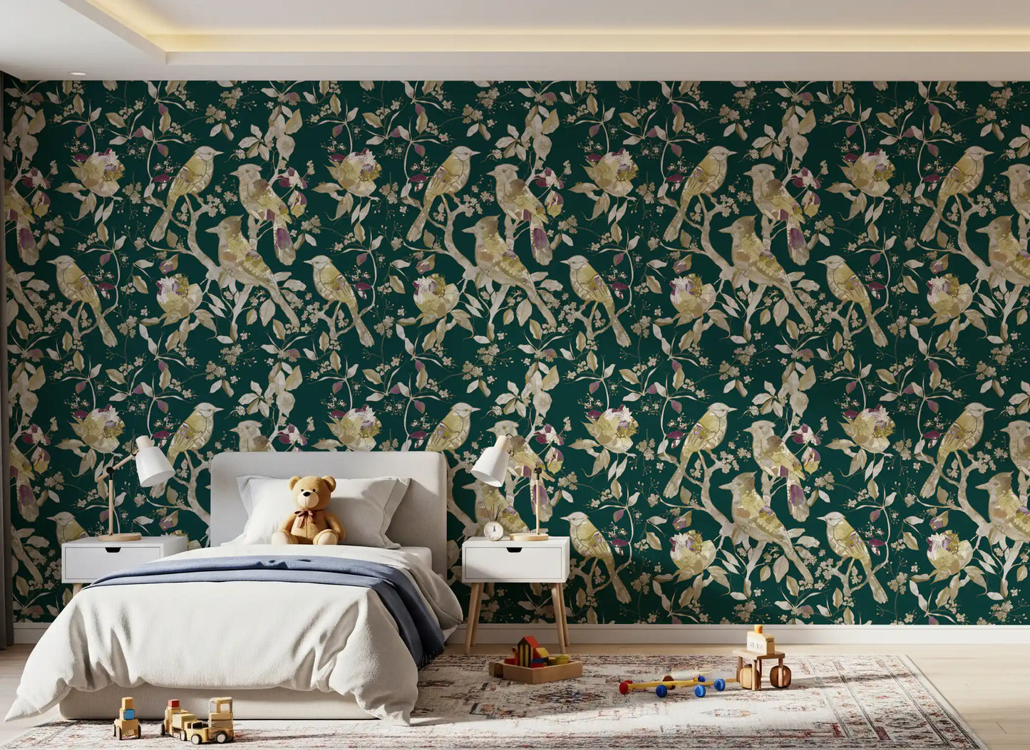 Fine branches frame this Emerald Garden Birds Wallpaper with soft contrast