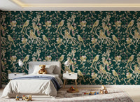 Fine branches frame this Emerald Garden Birds Wallpaper with soft contrast