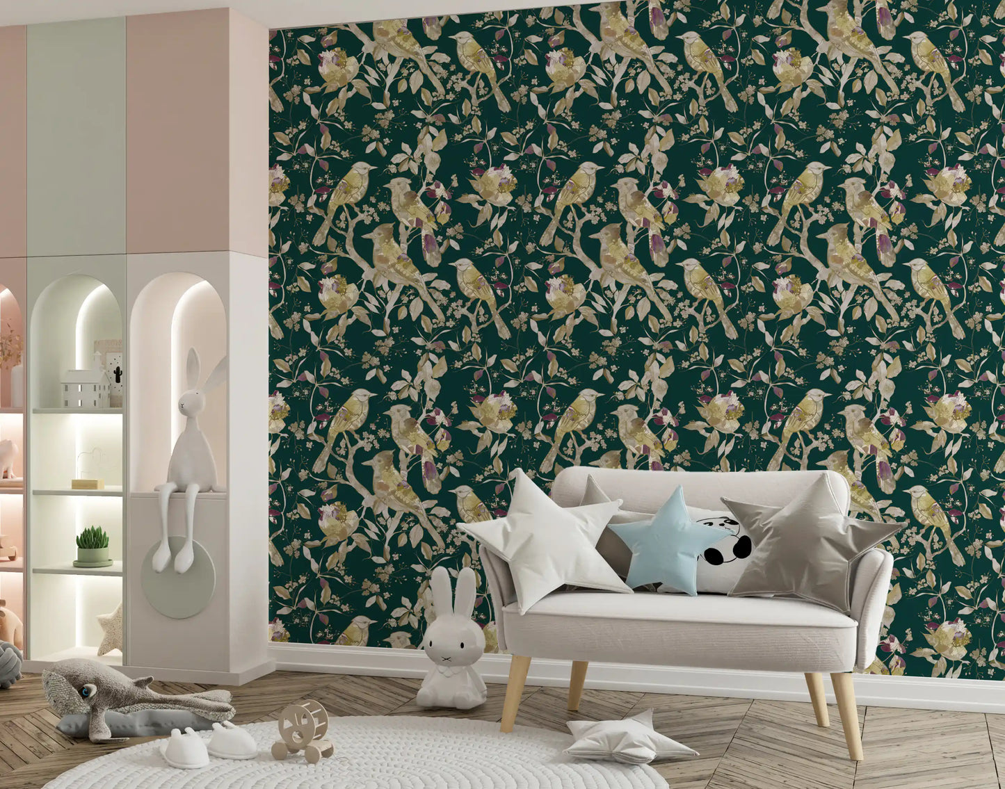 Kids room styled in emerald bird wallpaper with soft botanical detailing