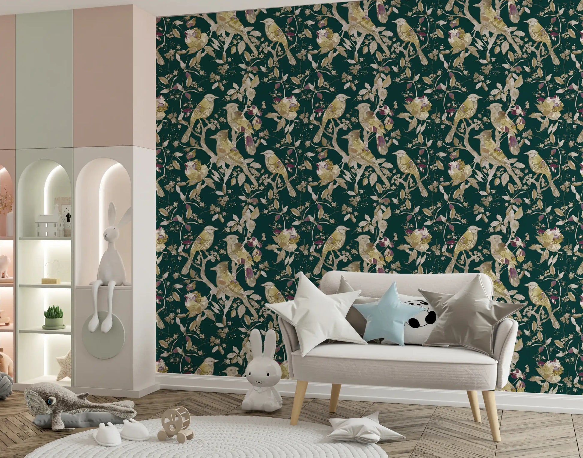 Kids room styled in emerald bird wallpaper with soft botanical detailing
