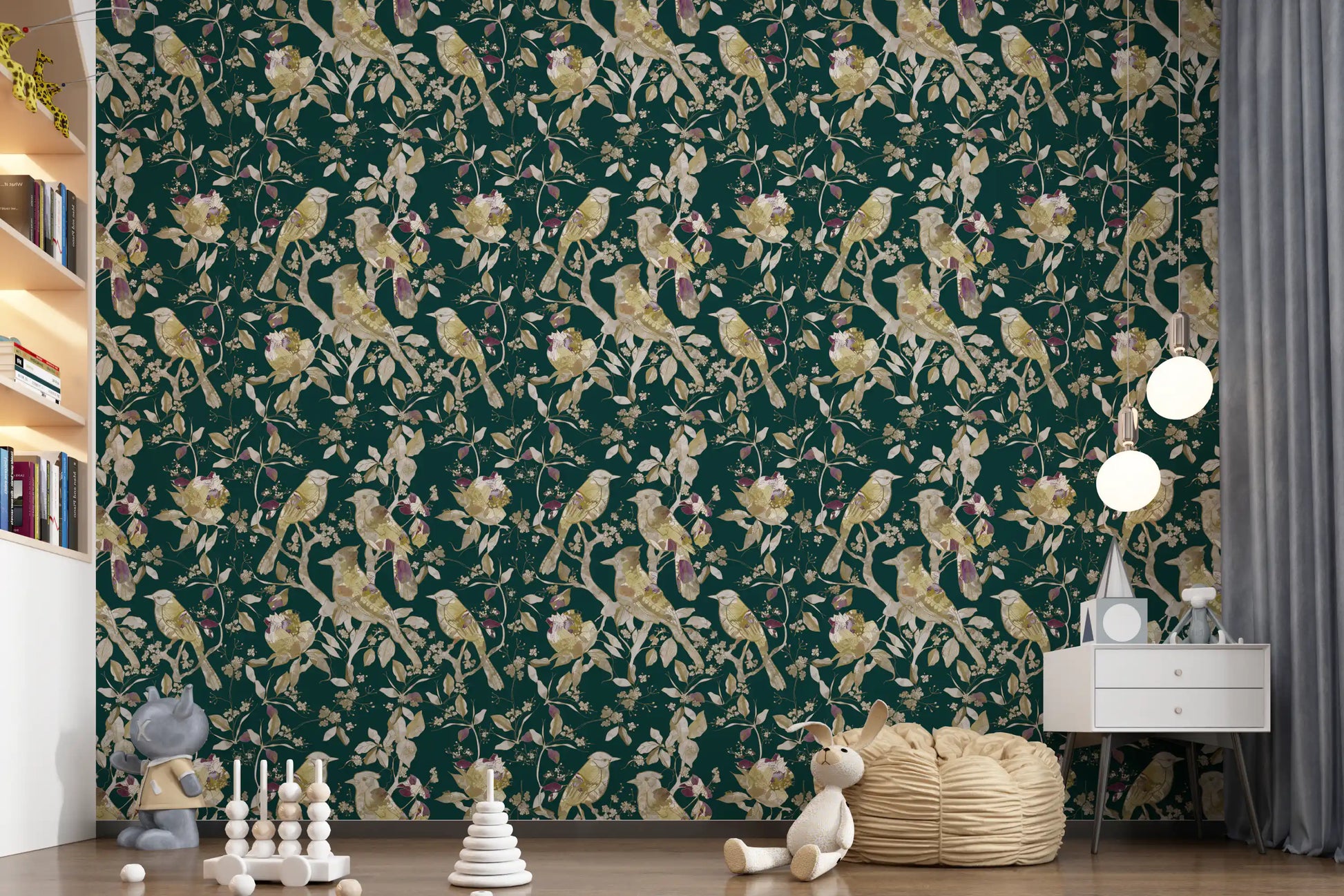 Light blossoms lift this emerald botanical bird wallpaper beautifully