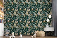 Light blossoms lift this emerald botanical bird wallpaper beautifully