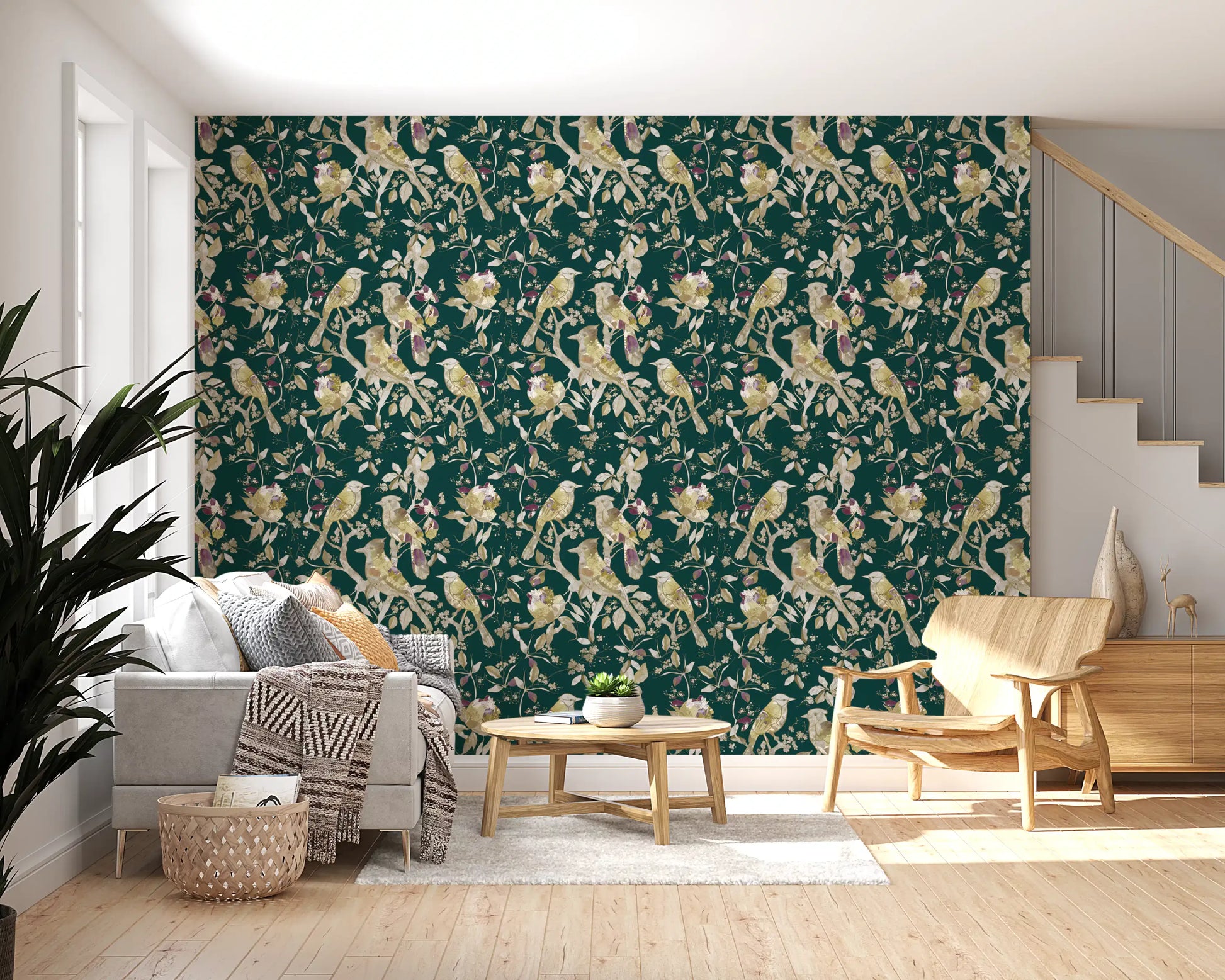 Hallway featuring Garden Birds Wallpaper on a rich green background