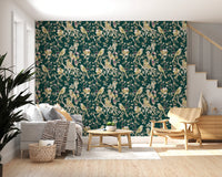 Hallway featuring Garden Birds Wallpaper on a rich green background