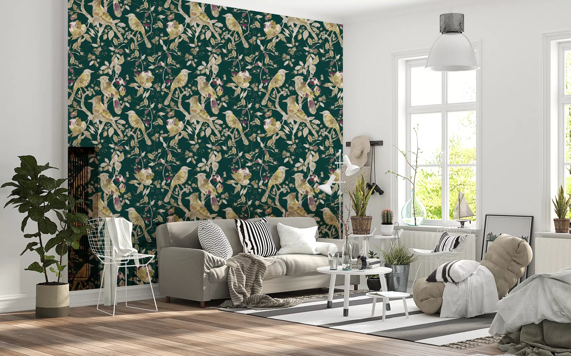 Botanical wallpaper with bird artwork and layered emerald detail