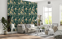 Botanical wallpaper with bird artwork and layered emerald detail