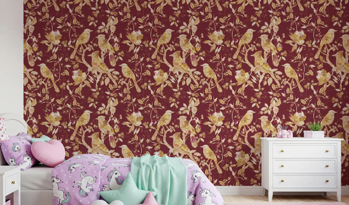 Bedroom using heritage bird wallpaper with warm burgundy floral detail