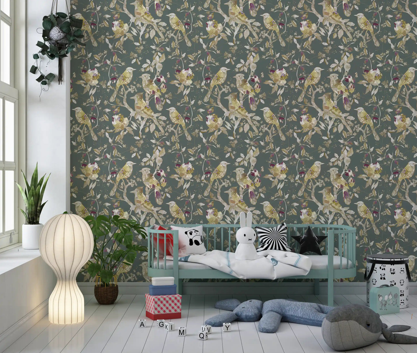 Sage Green Botanical Bird Wallpaper