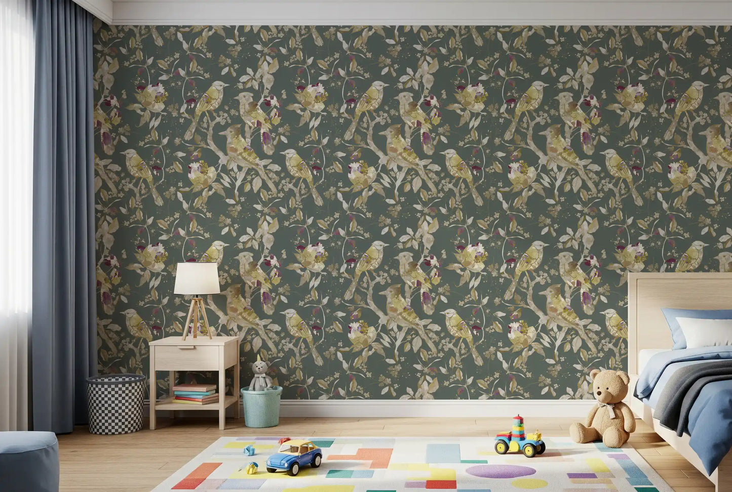 Sage Green Botanical Bird Wallpaper