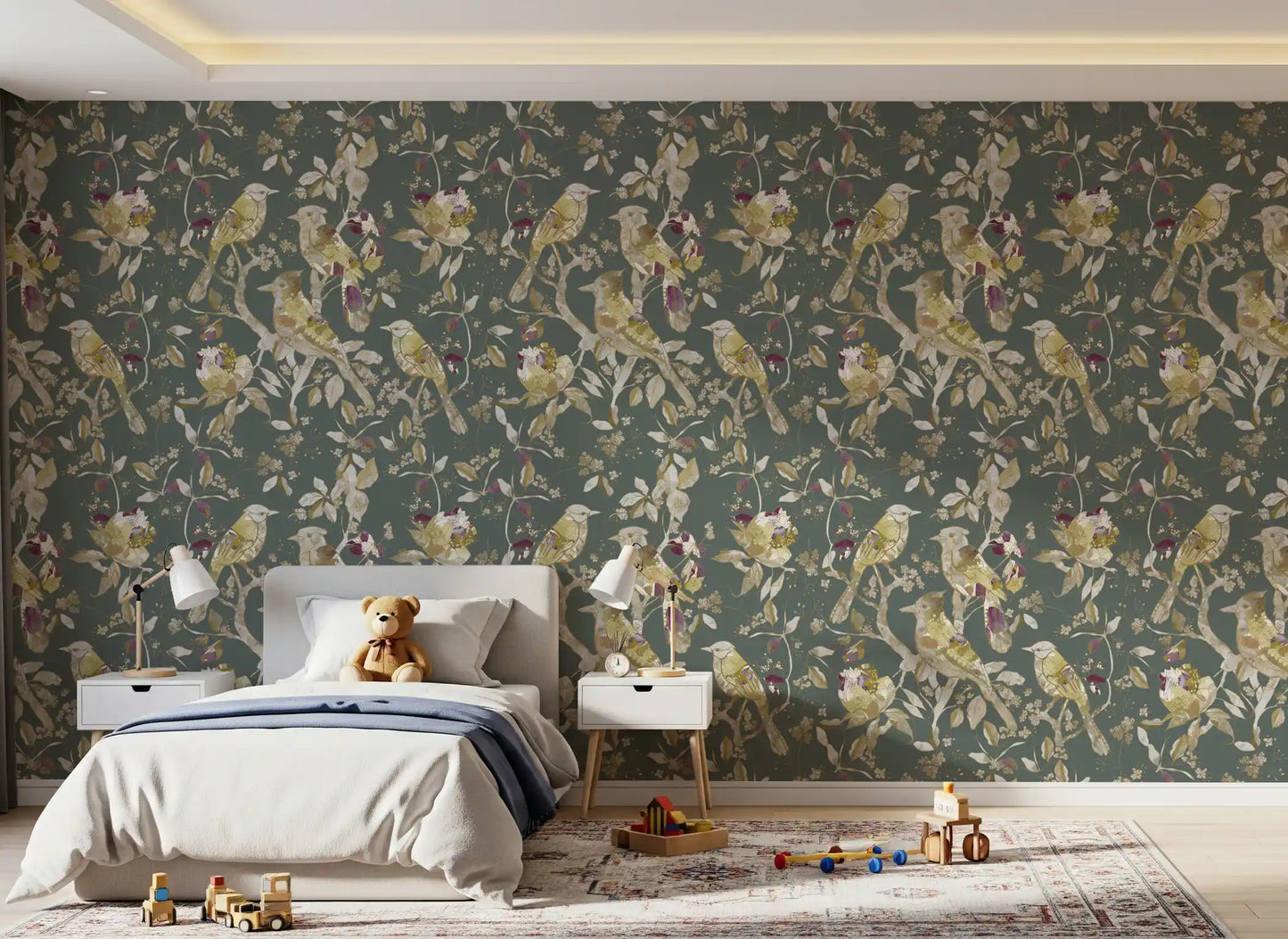 Sage Green Botanical Bird Wallpaper