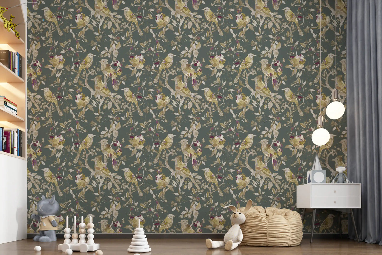 Sage Green Botanical Bird Wallpaper