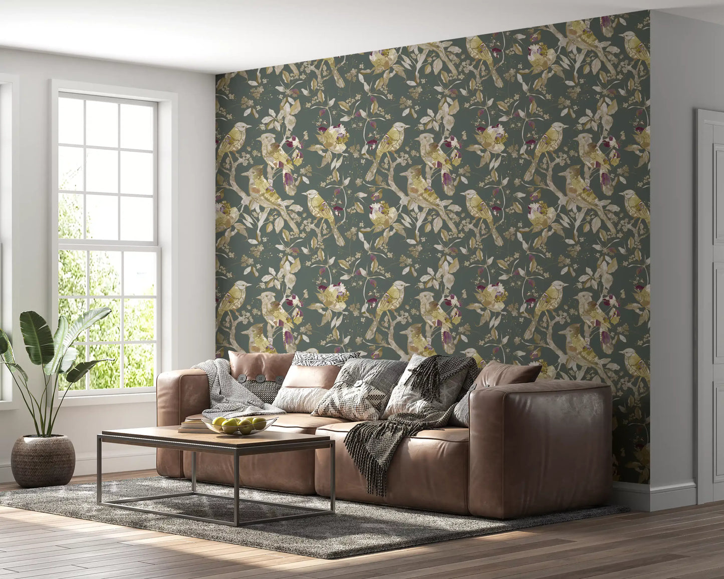 Sage Green Botanical Bird Wallpaper