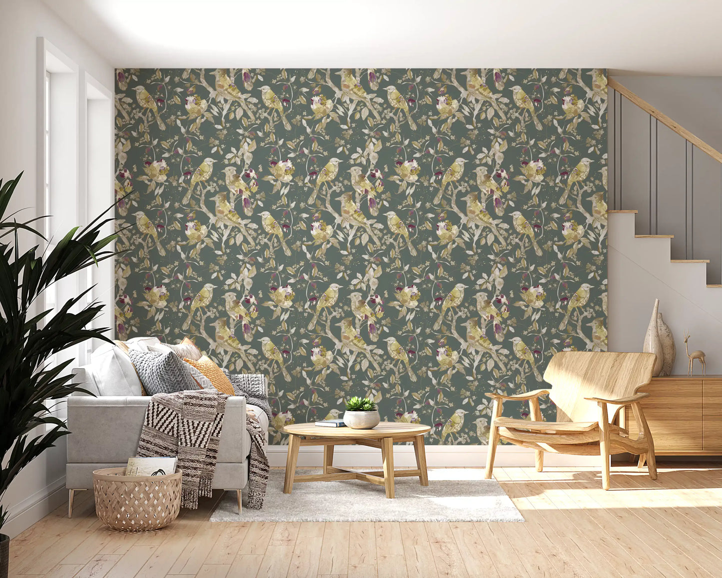 Sage Green Botanical Bird Wallpaper