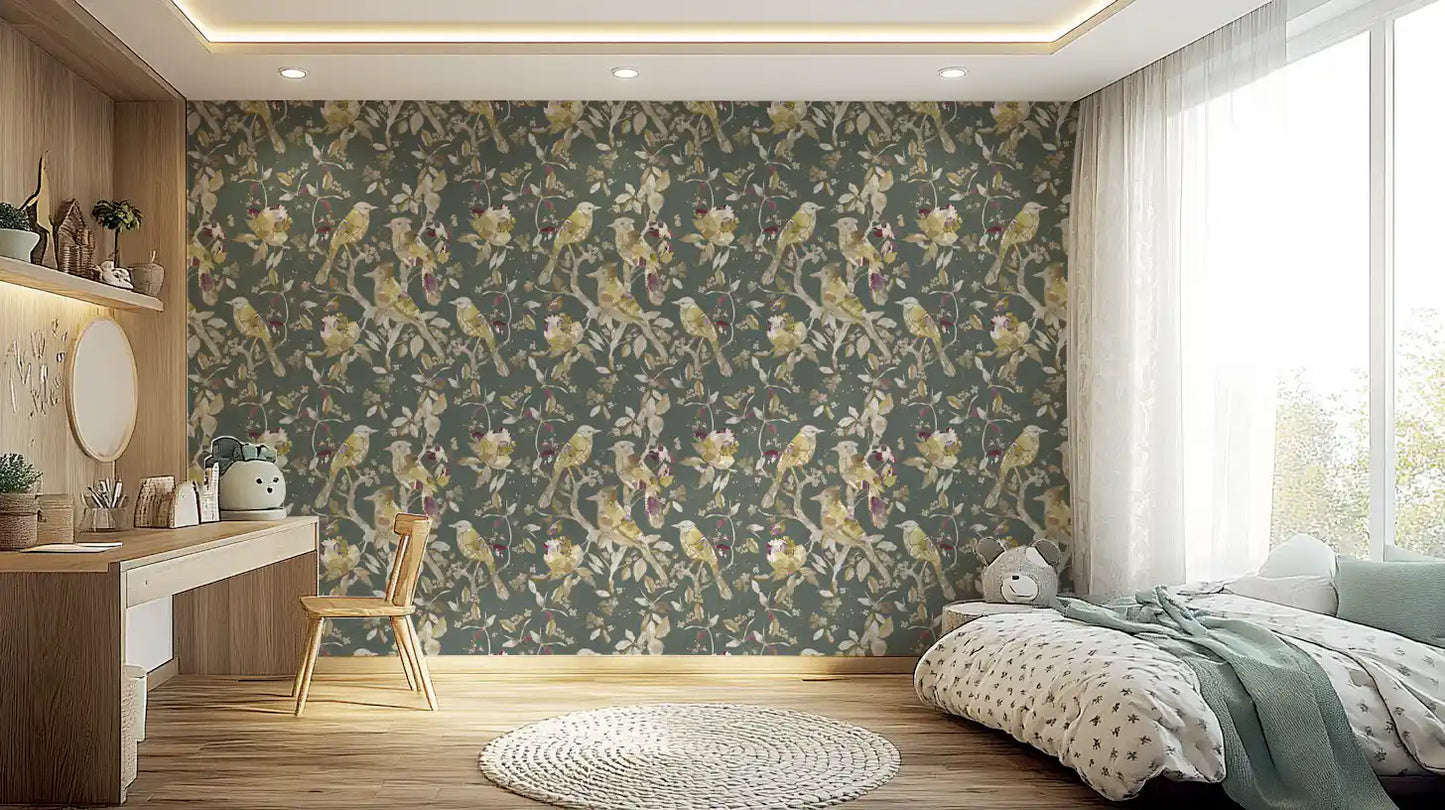 Sage Green Botanical Bird Wallpaper