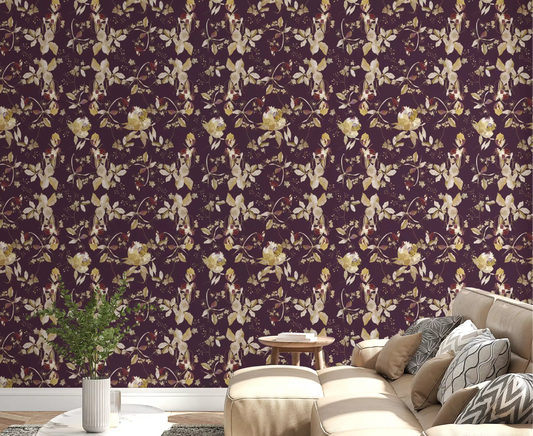 Plum blossom wallpaper showing layered trails and vintage floral detail