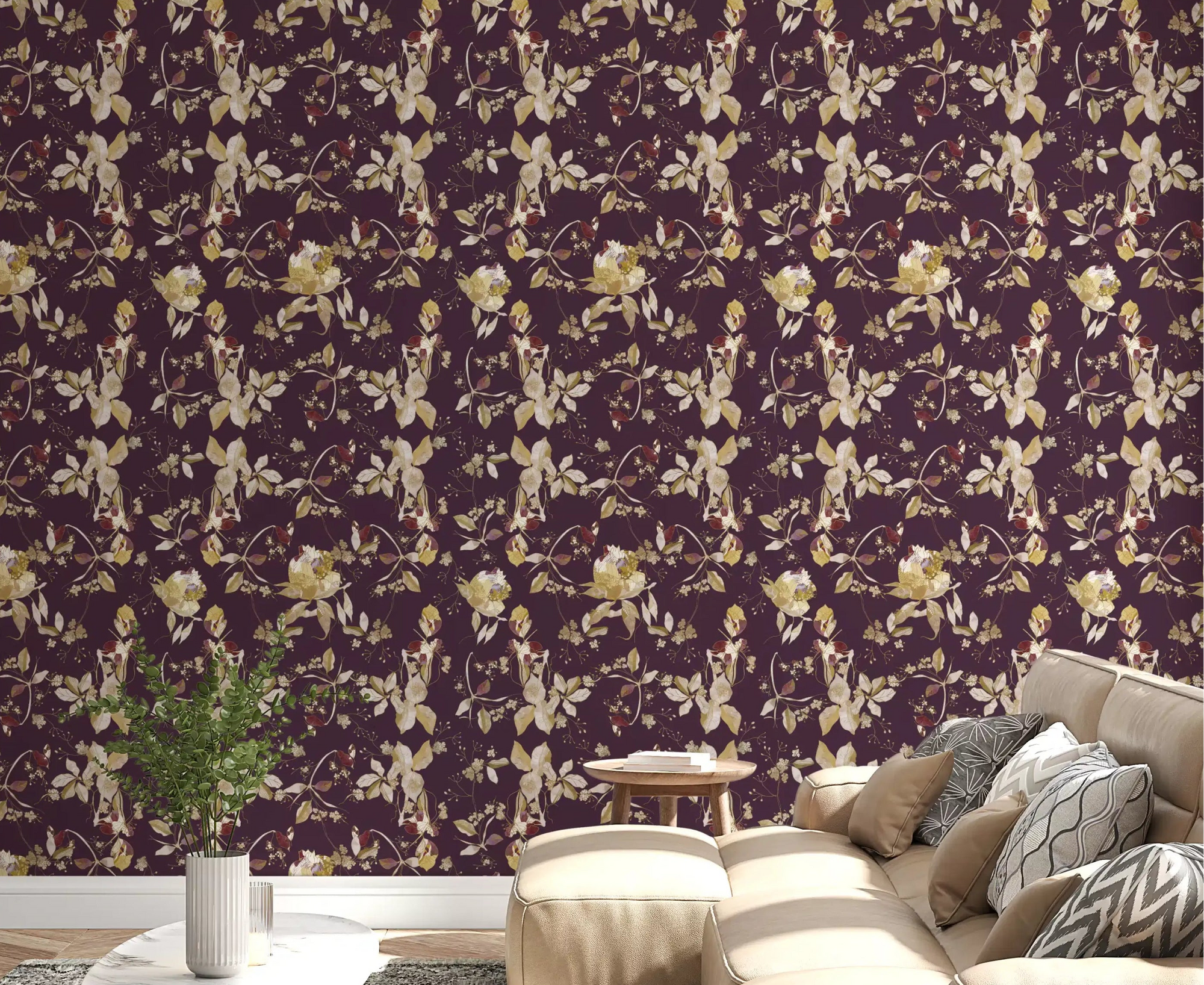 Plum blossom wallpaper showing layered trails and vintage floral detail