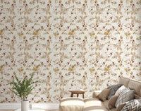 A pale ground supports floral trail wallpaper with delicate branch artwork