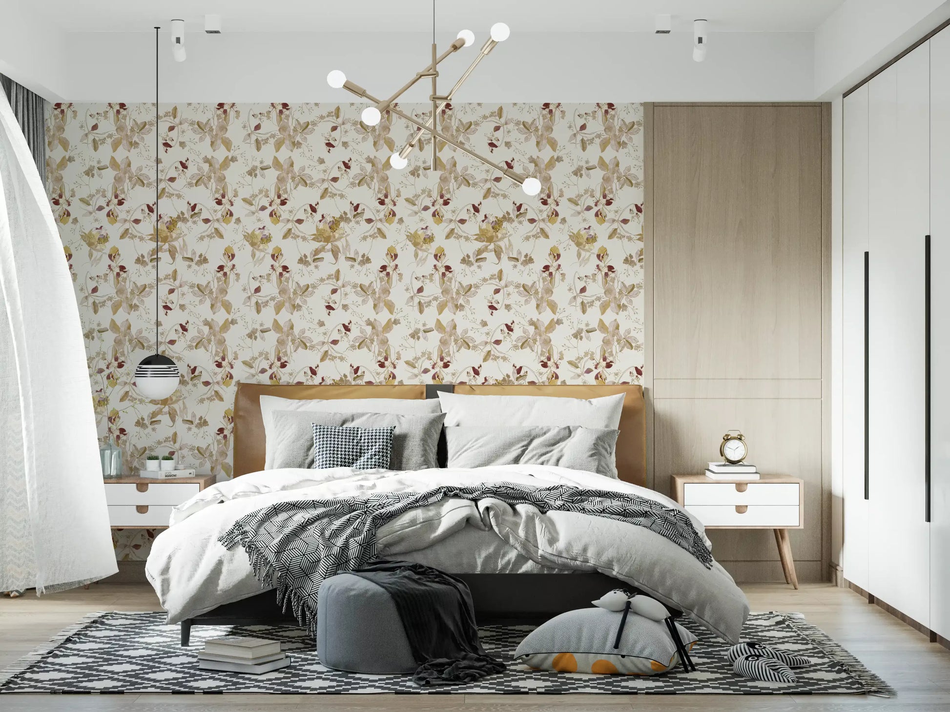 Bedroom finished in Navy Heritage Wallpaper with light blossom detail