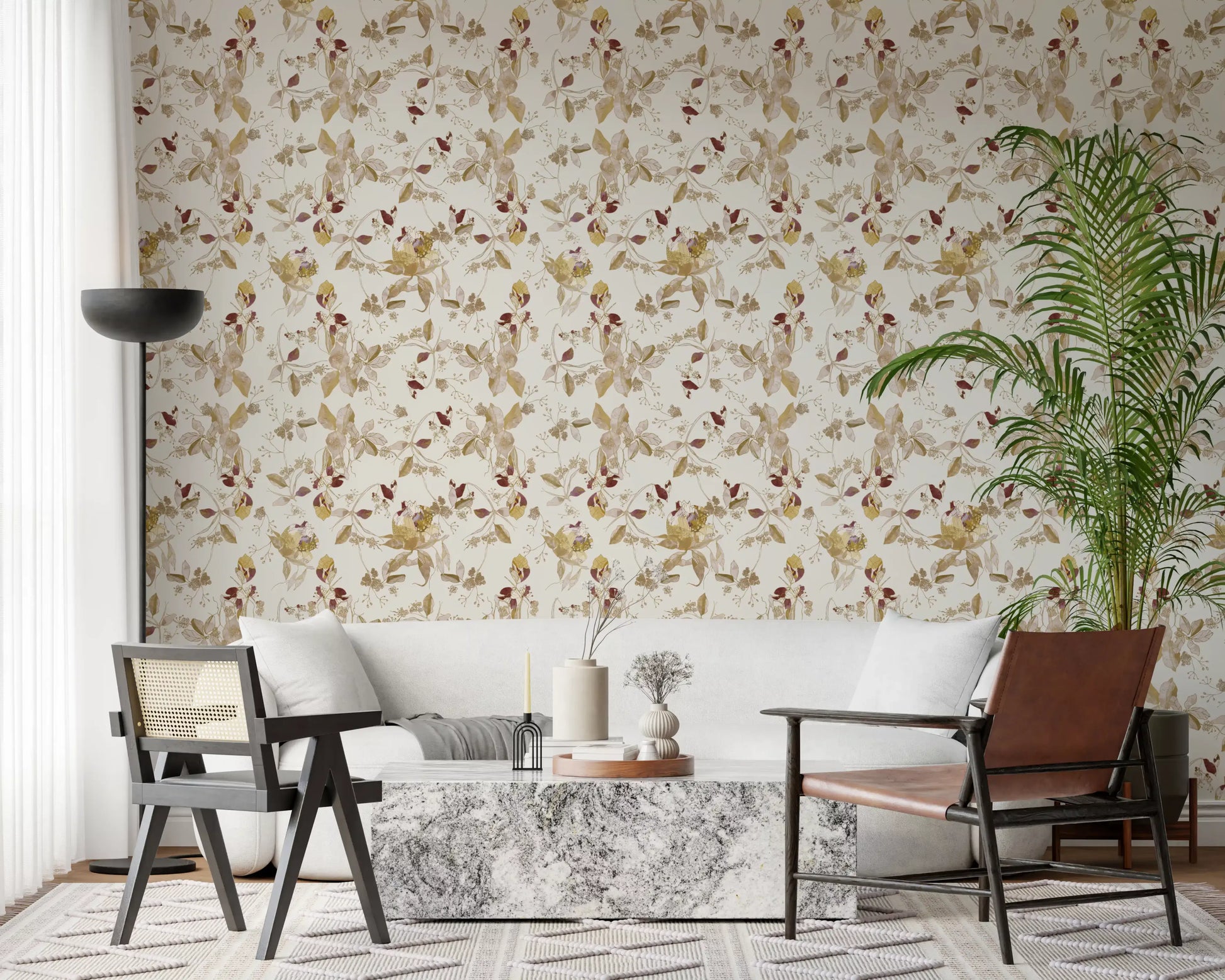 Home office styled with Cream Floral Wallpaper and soft trailing branches