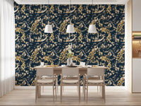 Elegant Teal Peacock Wallpaper with floral detailing and gold accents