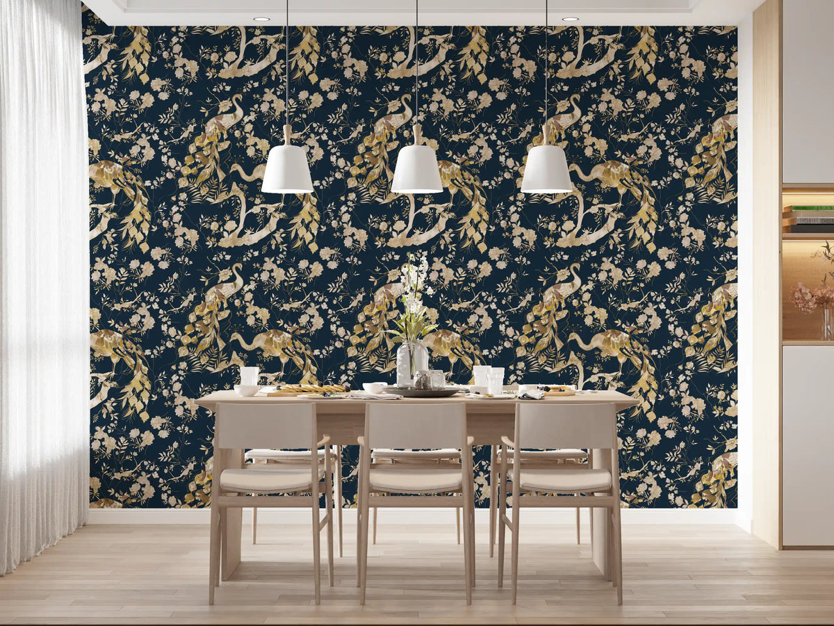 Elegant Teal Peacock Wallpaper with floral detailing and gold accents