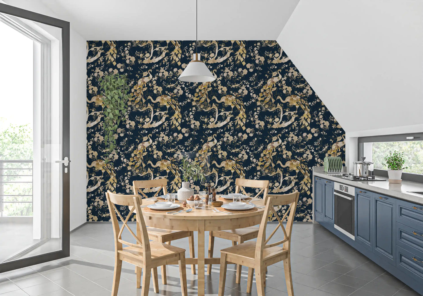 A rich teal base highlights this Gold Peacock Wallpaper beautifully for a dining area
